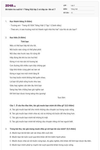 Đề kiểm tra cuối kì 1 Tiếng Việt lớp 2 có đáp án- Đề số 7