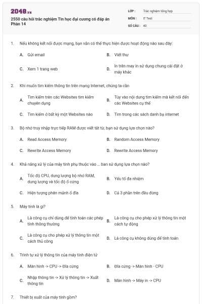 2550 câu hỏi trắc nghiệm Tin học đại cương có đáp án Phần 14