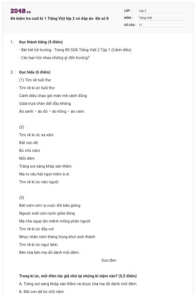 Đề kiểm tra cuối kì 1 Tiếng Việt lớp 2 có đáp án- Đề số 8