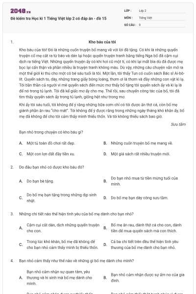 Đề kiểm tra Học kì 1 Tiếng Việt lớp 2 có đáp án - đề 15