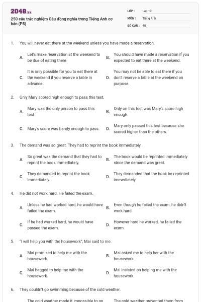 250 câu trắc nghiệm Câu đồng nghĩa trong Tiếng Anh cơ bản (P5)