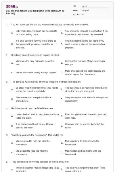 250 câu trắc nghiệm Câu đồng nghĩa trong Tiếng Anh cơ bản (P5)