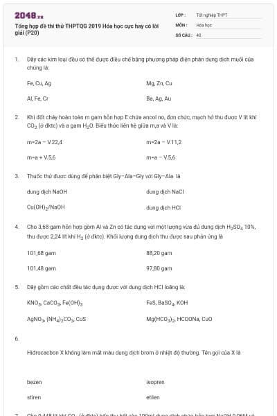 Tổng hợp đề thi thử THPTQG 2019 Hóa học cực hay có lời giải (P20)
