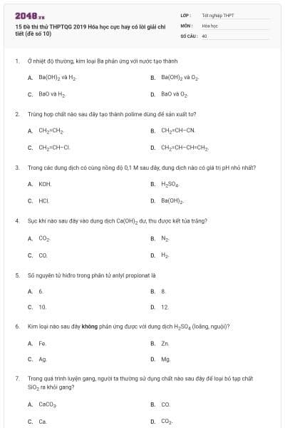 15 Đề thi thử THPTQG 2019 Hóa học cực hay có lời giải chi tiết (đề số 10)