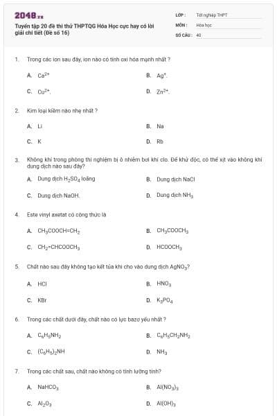 Tuyển tập 20 đề thi thử THPTQG Hóa Học cực hay có lời giải chi tiết (Đề số 16)