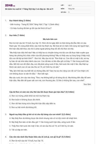 Đề kiểm tra cuối kì 1 Tiếng Việt lớp 2 có đáp án- Đề số 9