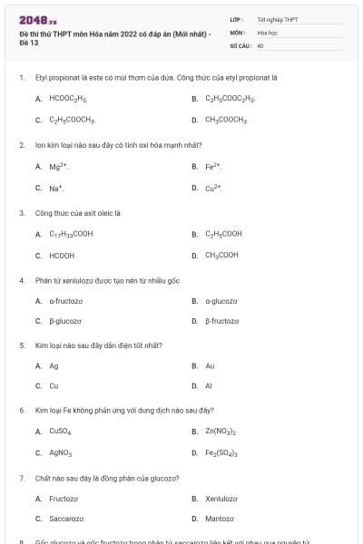 Đề thi thử THPT môn Hóa năm 2022 có đáp án (Mới nhất) - Đề 13
