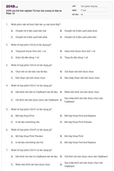 2550 câu hỏi trắc nghiệm Tin học đại cương có đáp án Phần 18