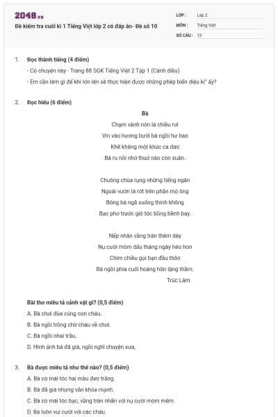 Đề kiểm tra cuối kì 1 Tiếng Việt lớp 2 có đáp án- Đề số 10