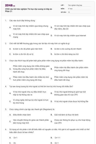 2550 câu hỏi trắc nghiệm Tin học đại cương có đáp án Phần 21