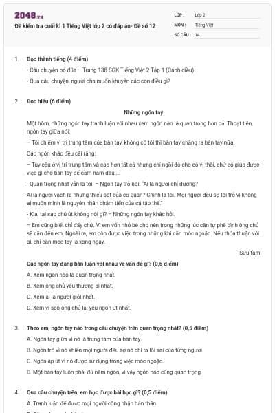 Đề kiểm tra cuối kì 1 Tiếng Việt lớp 2 có đáp án- Đề số 12