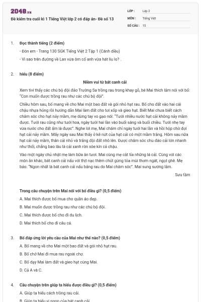 Đề kiểm tra cuối kì 1 Tiếng Việt lớp 2 có đáp án- Đề số 13