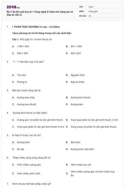 Bộ 2 đề thi cuối học kì 1 Công nghệ 8 Chân trời sáng tạo có đáp án (Đề 2)