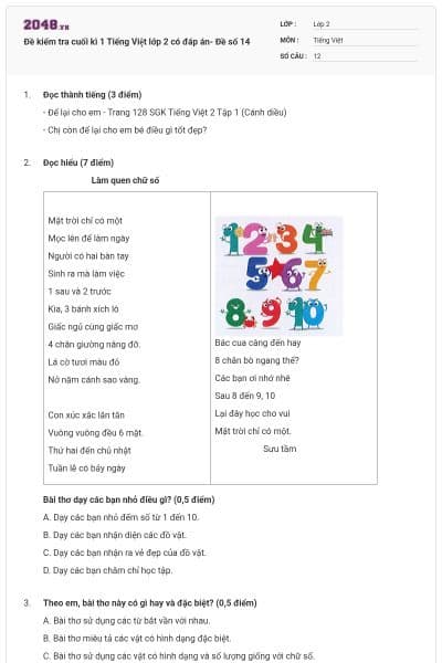 Đề kiểm tra cuối kì 1 Tiếng Việt lớp 2 có đáp án- Đề số 14