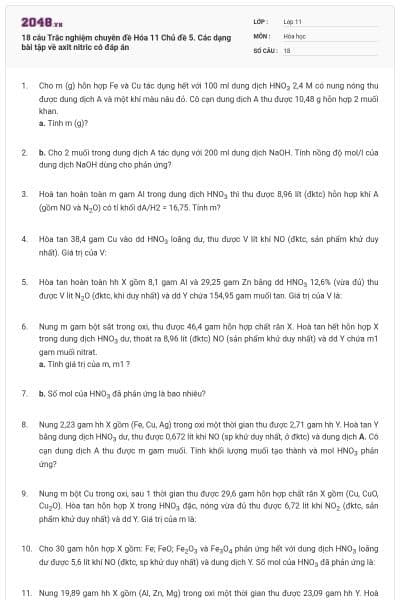 18 câu Trắc nghiệm chuyên đề Hóa 11 Chủ đề 5. Các dạng bài tập về axit nitric có đáp án