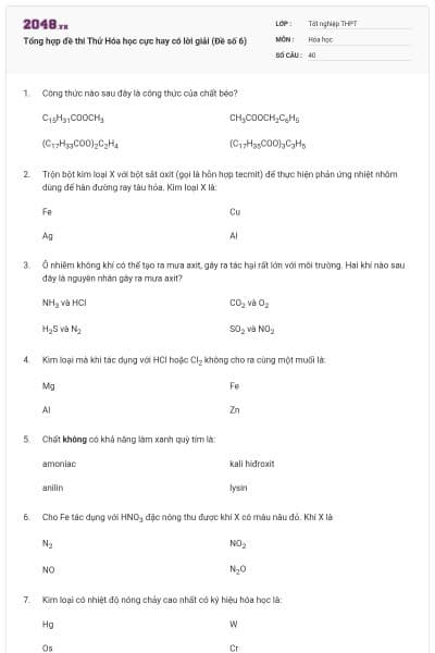 Tổng hợp đề thi Thử Hóa học cực hay có lời giải (Đề số 6)