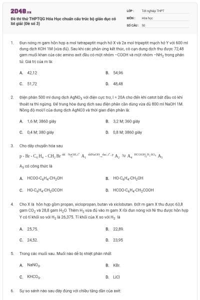 Đề thi thử THPTQG Hóa Học chuẩn cấu trúc bộ giáo dục có lời giải (Đề số 3)