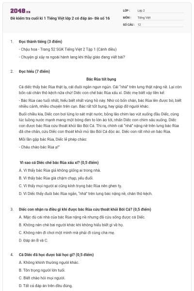 Đề kiểm tra cuối kì 1 Tiếng Việt lớp 2 có đáp án- Đề số 16