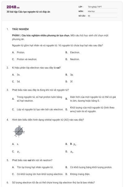 30 bài tập Cấu tạo nguyên tử có đáp án