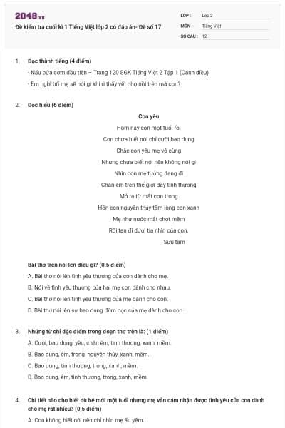 Đề kiểm tra cuối kì 1 Tiếng Việt lớp 2 có đáp án- Đề số 17