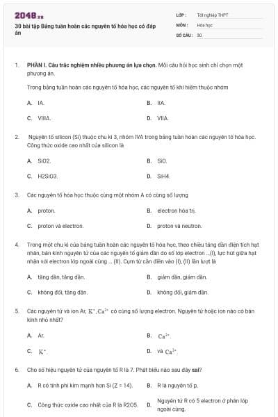 30 bài tập Bảng tuần hoàn các nguyên tố hóa học có đáp án