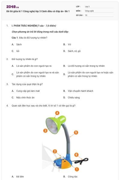 Đề thi giữa kì 1 Công nghệ lớp 3 Cánh diều có đáp án- Đề 1