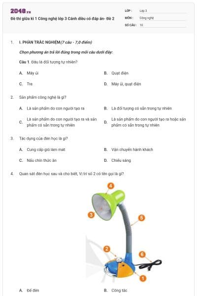 Đề thi giữa kì 1 Công nghệ lớp 3 Cánh diều có đáp án- Đề 2