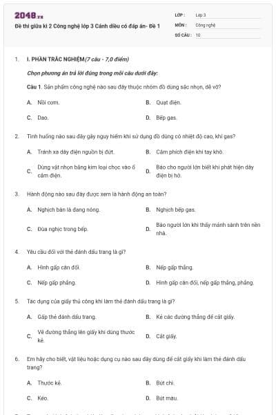 Đề thi giữa kì 2 Công nghệ lớp 3 Cánh diều có đáp án- Đề 1