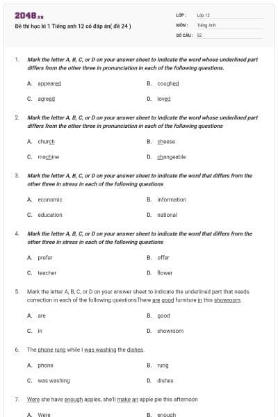 Đề thi học kì 1 Tiếng anh 12 có đáp án( đề 24 )