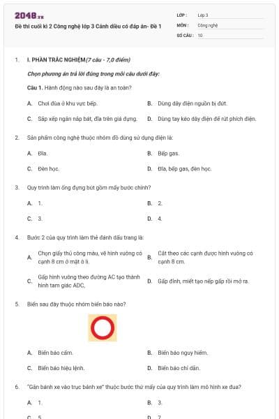 Đề thi cuối kì 2 Công nghệ lớp 3 Cánh diều có đáp án- Đề 1