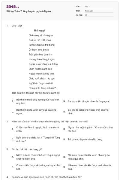 Bài tập Tuần 7: Ông bà yêu quý có đáp án