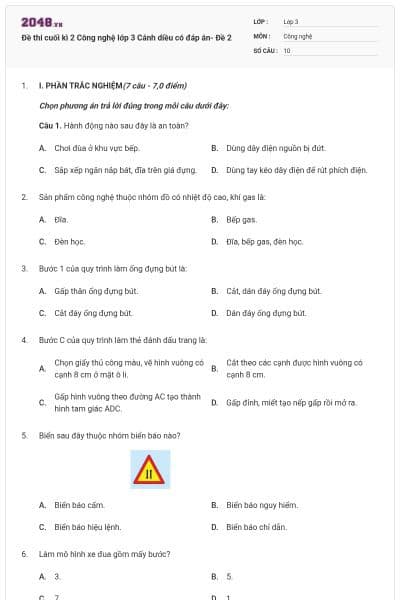 Đề thi cuối kì 2 Công nghệ lớp 3 Cánh diều có đáp án- Đề 2