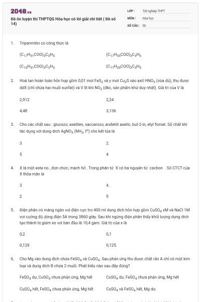 Đề ôn luyện thi THPTQG Hóa học có lời giải chi tiết ( Đề số 14)