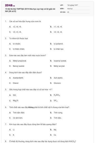 15 Đề thi thử THPTQG 2019 Hóa học cực hay có lời giải chi tiết (đề số 8)