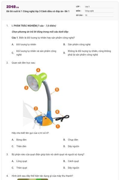 Đề thi cuối kì 1 Công nghệ lớp 3 Cánh diều có đáp án- Đề 1