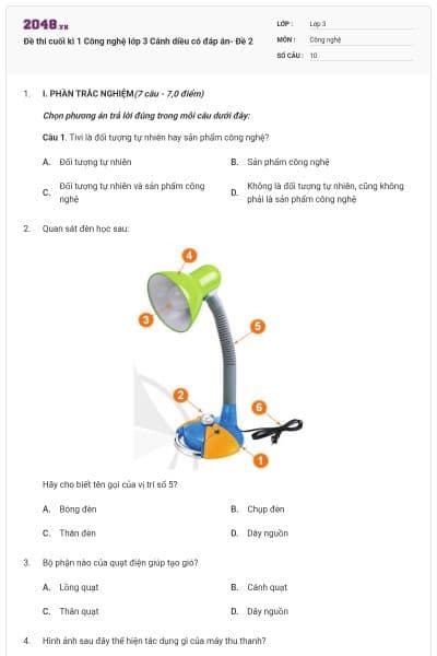 Đề thi cuối kì 1 Công nghệ lớp 3 Cánh diều có đáp án- Đề 2