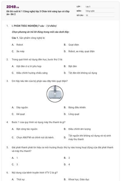 Đề thi cuối kì 1 Công nghệ lớp 3 Chân trời sáng tạo có đáp án- Đề 2