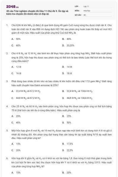 40 câu Trắc nghiệm chuyên đề Hóa 11 Chủ đề 9. Ôn tập và kiểm tra chuyên đề nhóm nitơ có đáp án