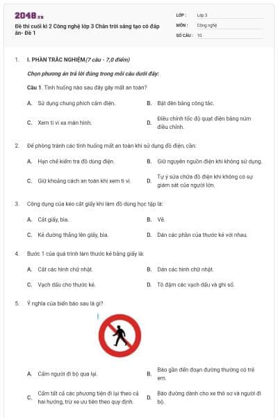 Đề thi cuối kì 2 Công nghệ lớp 3 Chân trời sáng tạo có đáp án- Đề 1