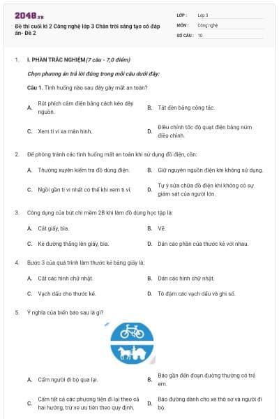 Đề thi cuối kì 2 Công nghệ lớp 3 Chân trời sáng tạo có đáp án- Đề 2