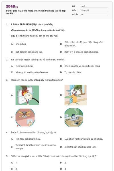 Đề thi giữa kì 2 Công nghệ lớp 3 Chân trời sáng tạo có đáp án- Đề 1