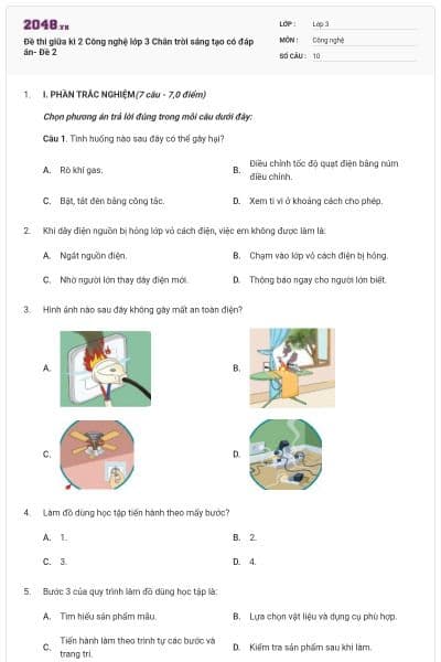 Đề thi giữa kì 2 Công nghệ lớp 3 Chân trời sáng tạo có đáp án- Đề 2