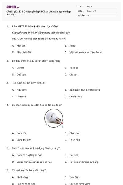 Đề thi giữa kì 1 Công nghệ lớp 3 Chân trời sáng tạo có đáp án- Đề 1