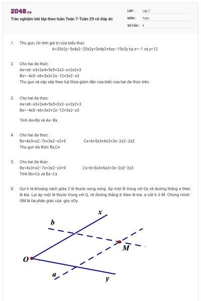Trắc nghiệm bài tâp theo tuần Toán 7-Tuần 29 có đáp án