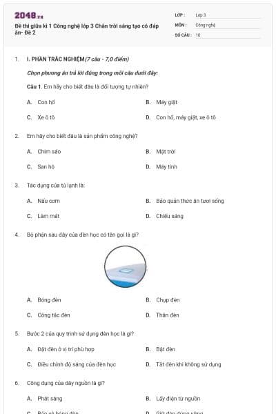 Đề thi giữa kì 1 Công nghệ lớp 3 Chân trời sáng tạo có đáp án- Đề 2