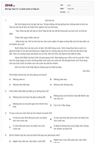 Bài tập Tuần 21: Lá phổi xanh có đáp án