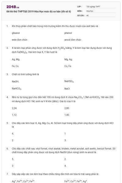 Đề thi thử THPTQG 2019 Hóa Học mức độ cơ bản (đề số 6)