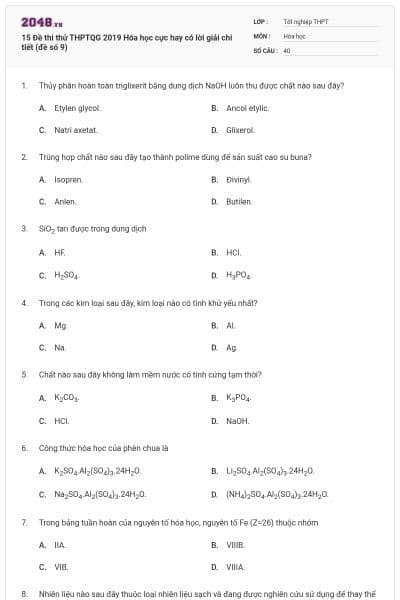 15 Đề thi thử THPTQG 2019 Hóa học cực hay có lời giải chi tiết (đề số 9)