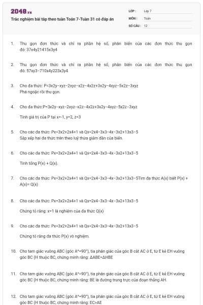 Trắc nghiệm bài tâp theo tuần Toán 7-Tuần 31 có đáp án