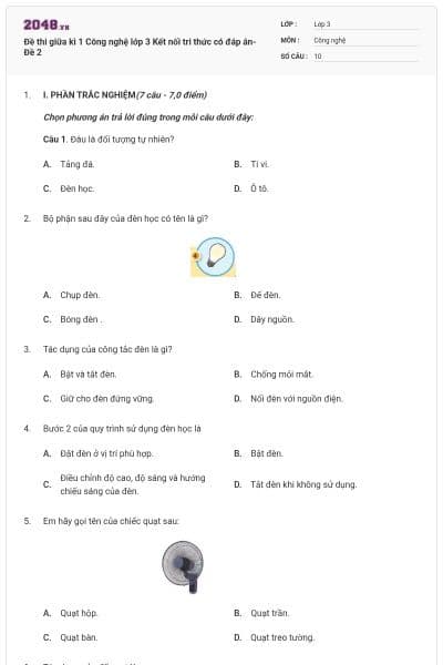 Đề thi giữa kì 1 Công nghệ lớp 3 Kết nối tri thức có đáp án- Đề 2